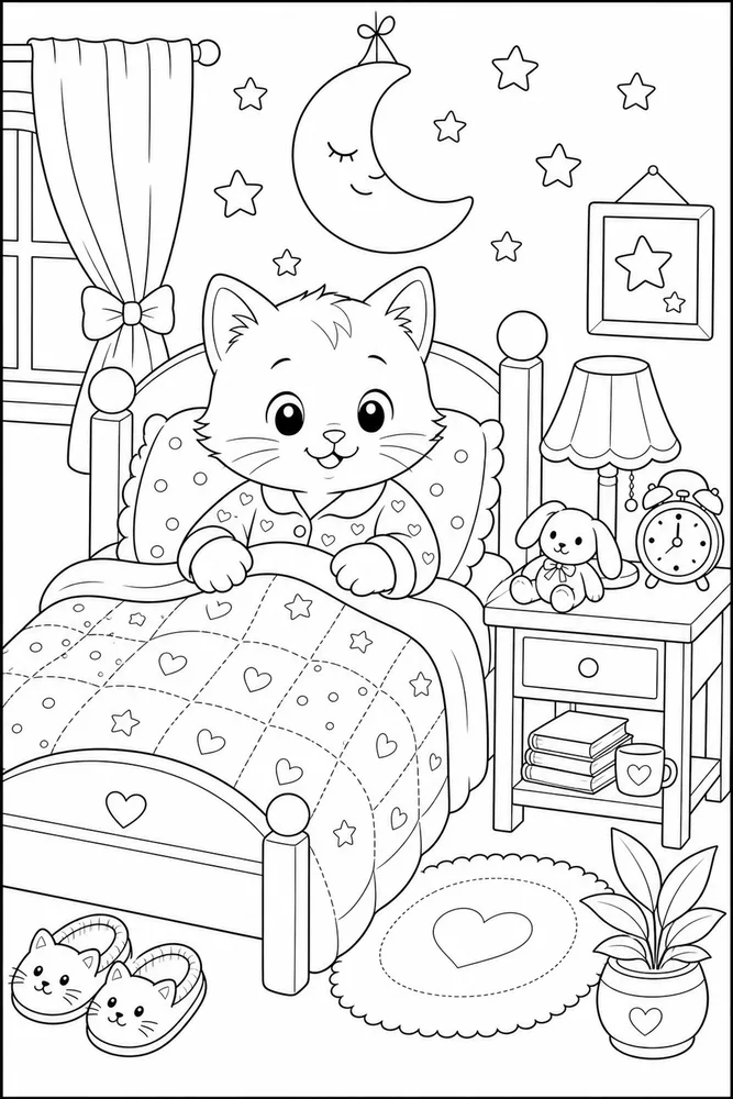 Cute cat bedtime stars coloring page