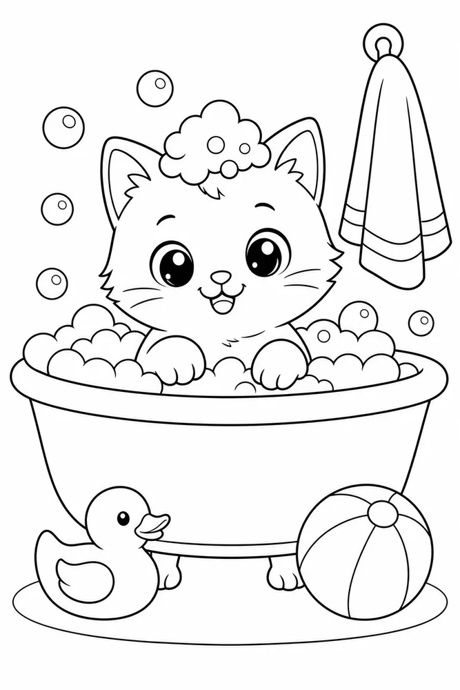 Cute Cat Bubble Bath printable coloring page for kids