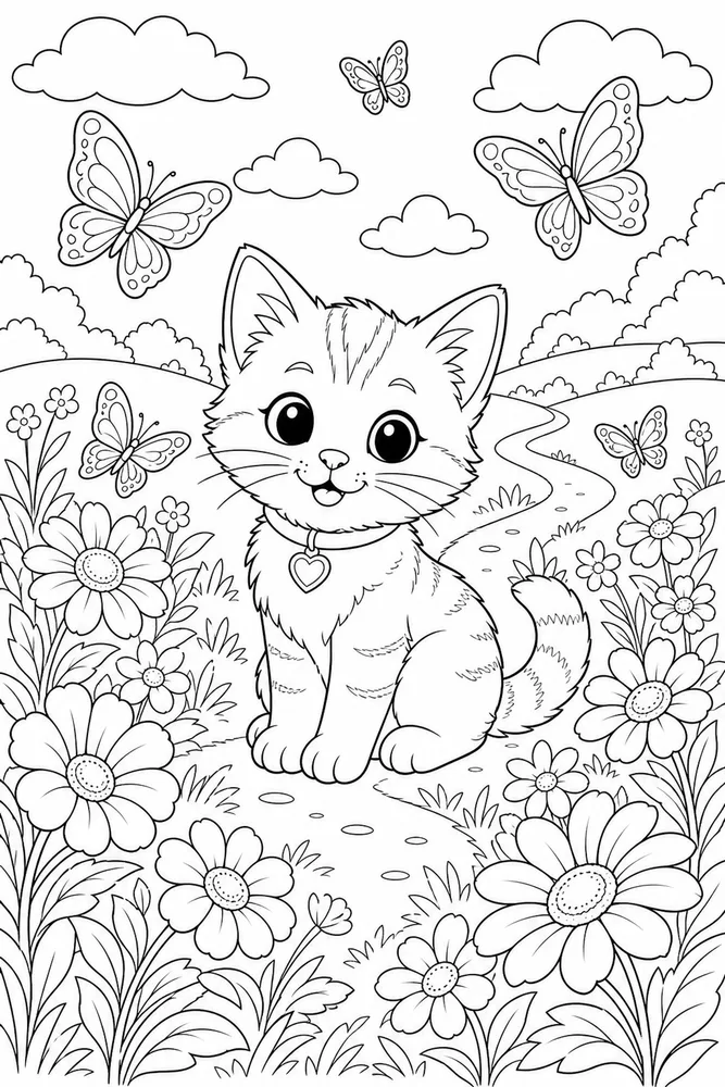Cute cat butterfly meadow coloring page