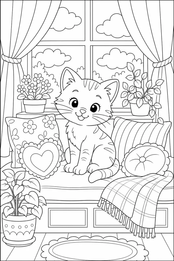 Cute cat cozy window seat coloring page