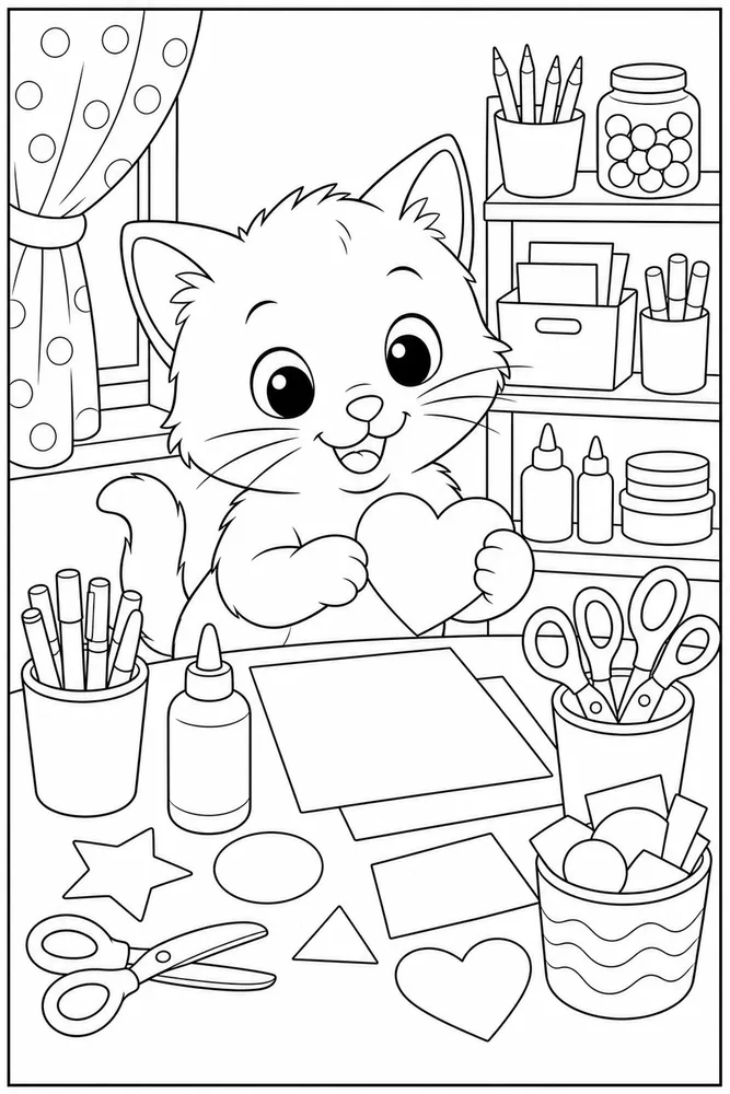 Cute cat making paper crafts at a table coloring page