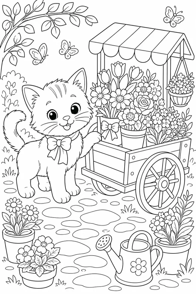 Cute cat beside a flower cart with bouquets coloring page