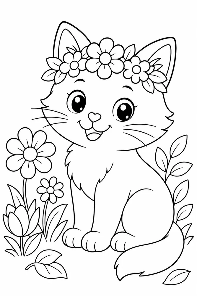 Cute Cat Flower Crown printable coloring page for kids