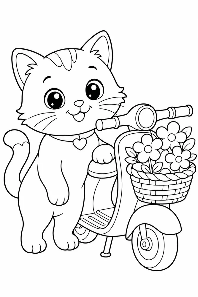Cute Cat Garden Scooter printable coloring page for kids