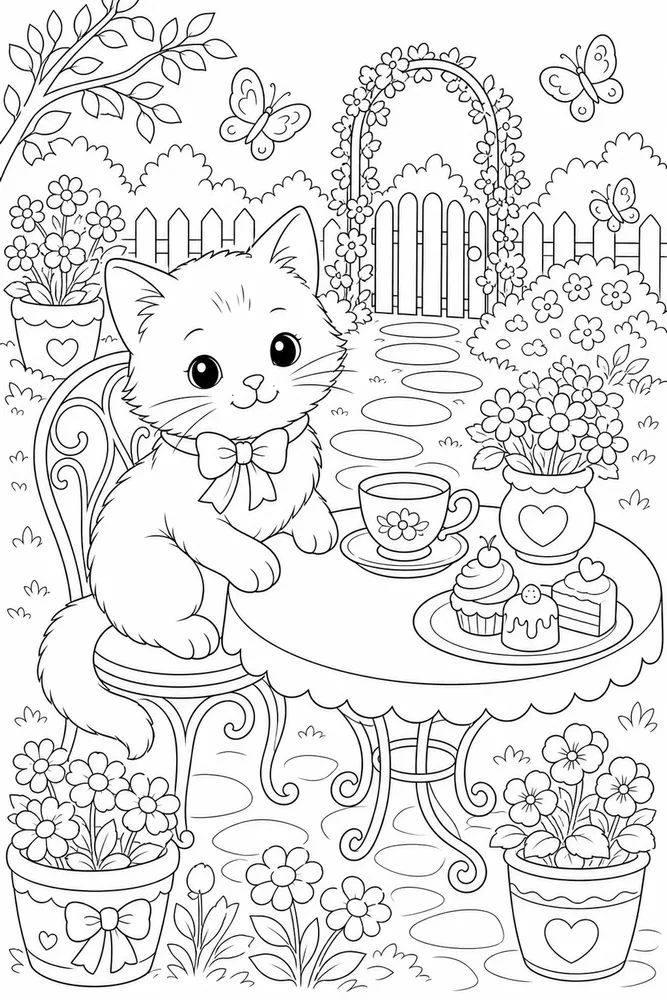 Cute cat garden tea table coloring page