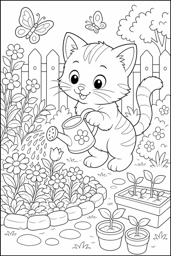 Cute cat garden watering can coloring page