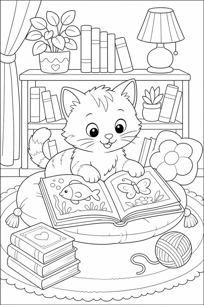 Cute cat library reading nook coloring page