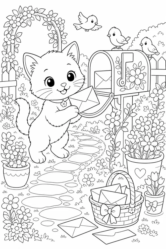 Cute cat mailbox flowers coloring page