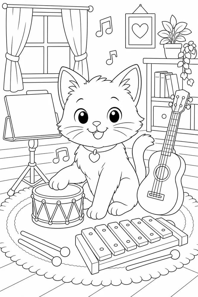 Cute cat in a music room with instruments coloring page