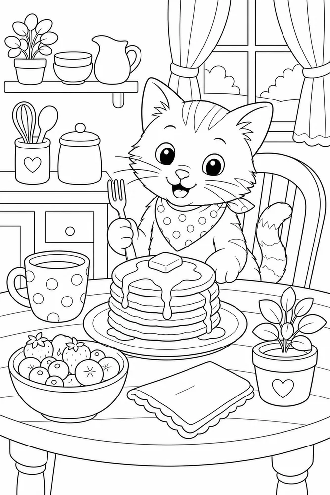 Cute cat pancake breakfast coloring page