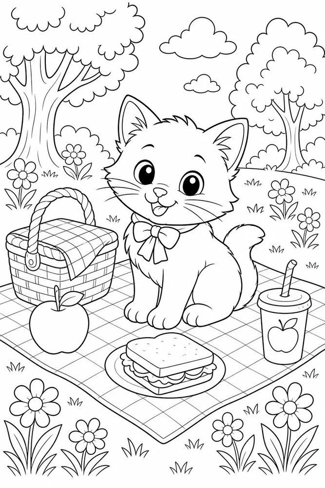 Cute cat picnic blanket coloring page