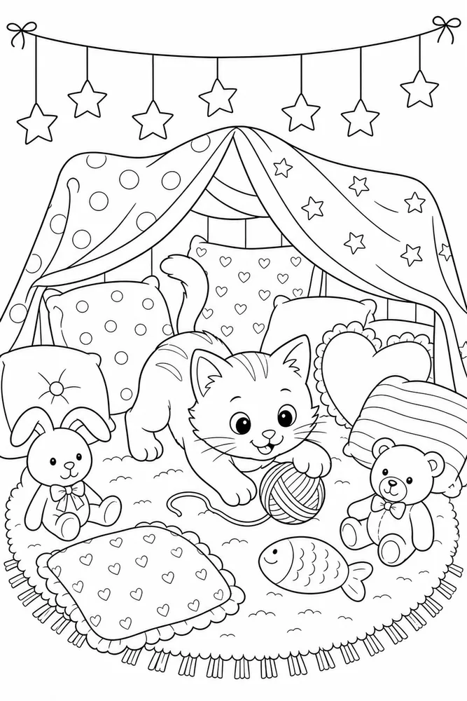 Cute cat playing inside a pillow fort coloring page