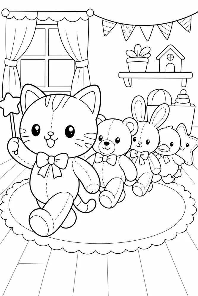 Cute Cat Plush Toy Parade printable coloring page for kids