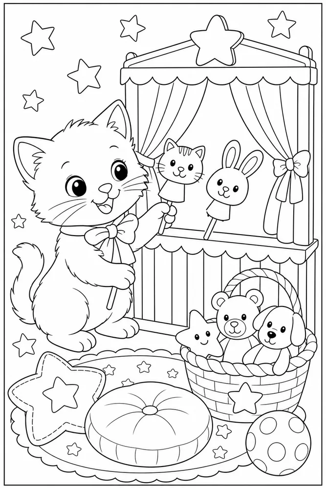 Cute cat puppet theater coloring page