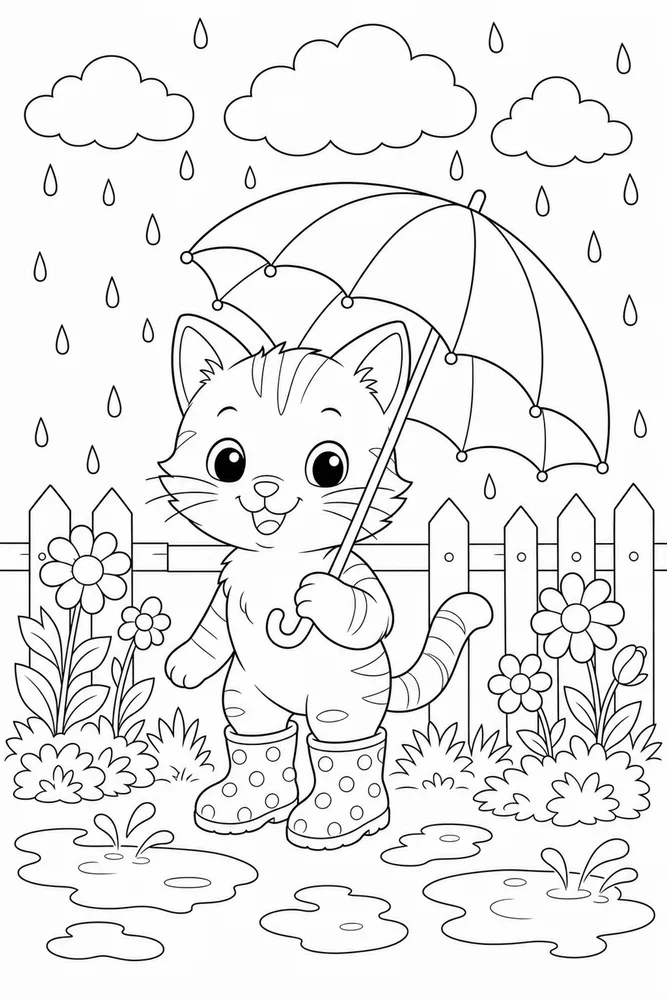 Cute cat rain boot puddle coloring page