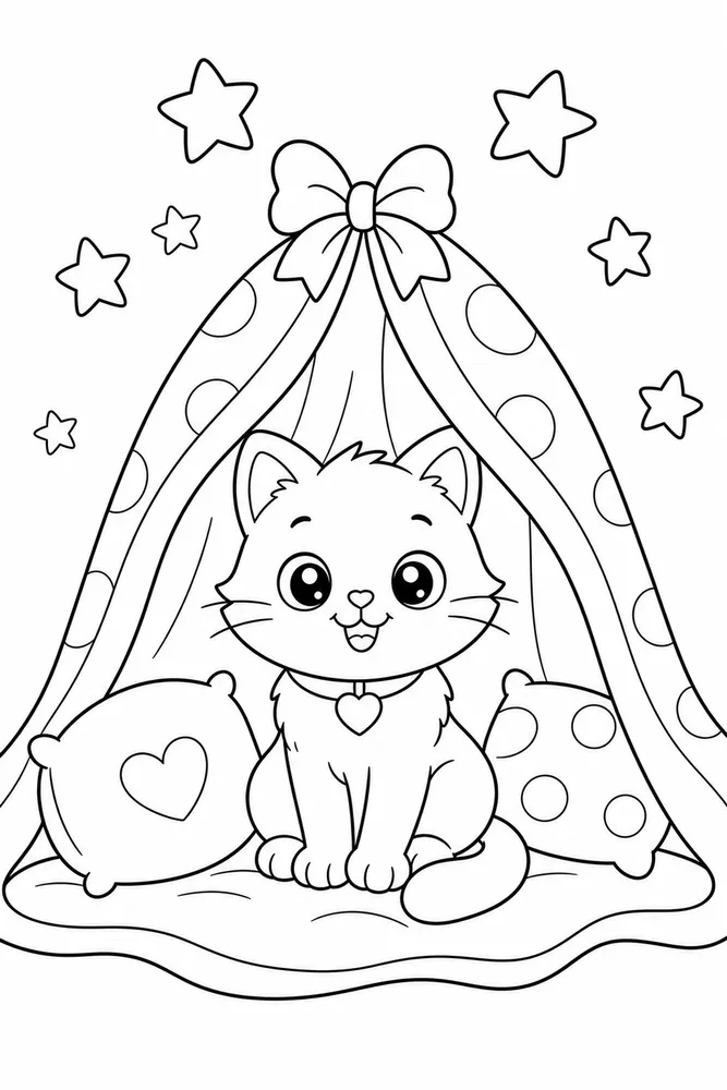 Cute Cat Sleepover Tent printable coloring page for kids