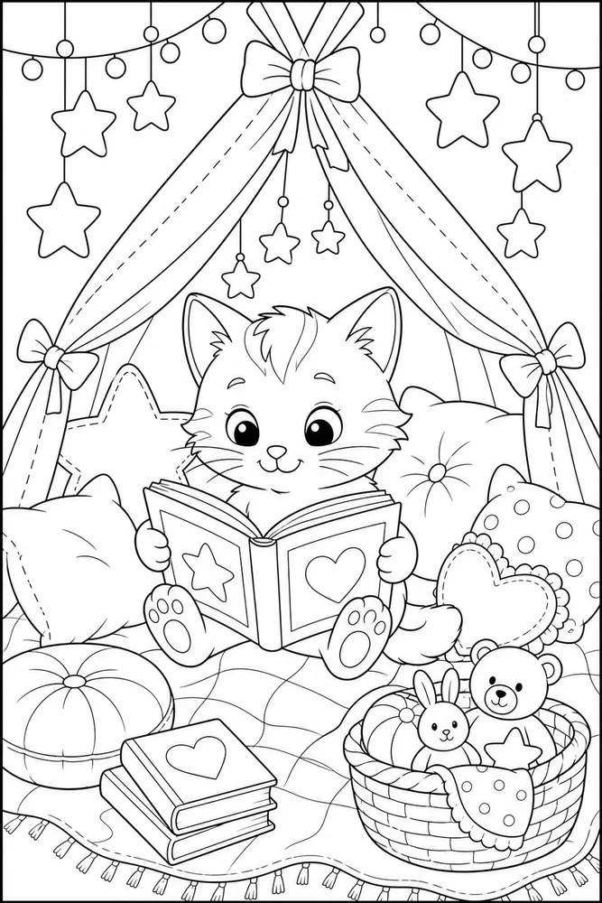 Cute cat reading inside a story tent coloring page