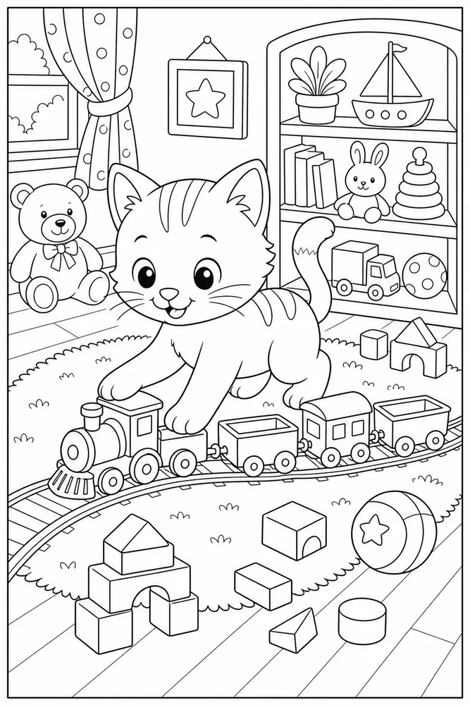 Cute cat toy train room coloring page