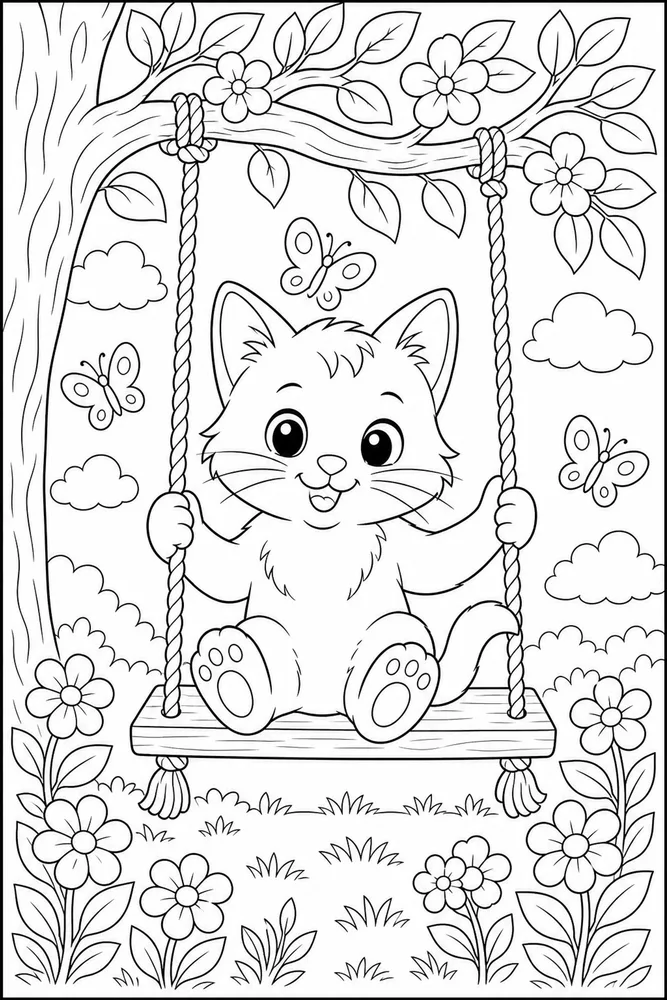 Cute cat sitting on a garden tree swing coloring page
