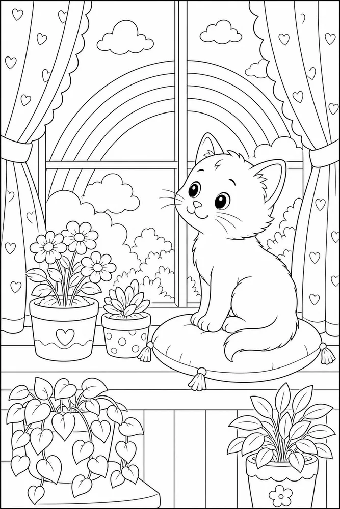 Cute cat window rainbow coloring page