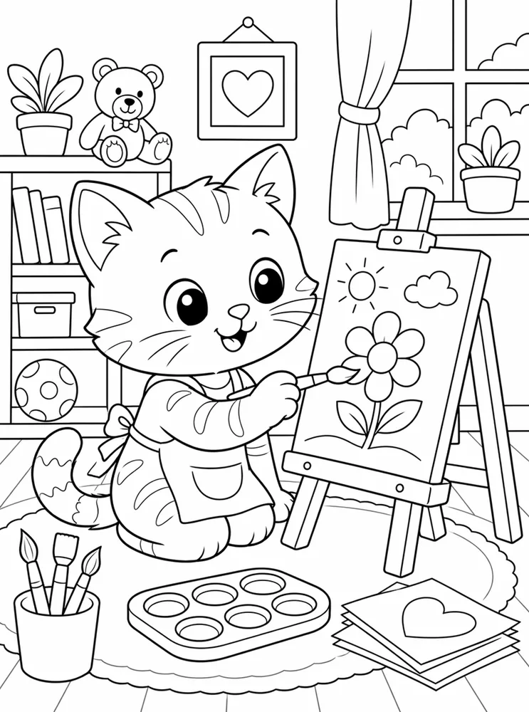Cute Cat Coloring Pages preview: Cute kitten painting a picture coloring page
