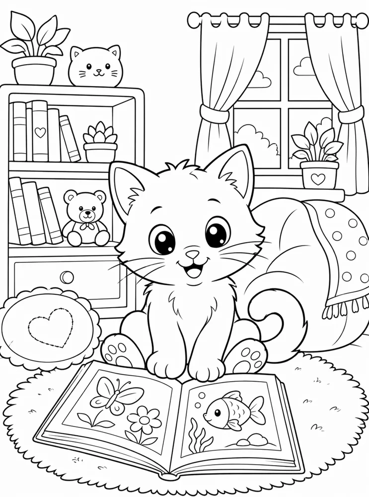 Cute kitten reading a picture book coloring page
