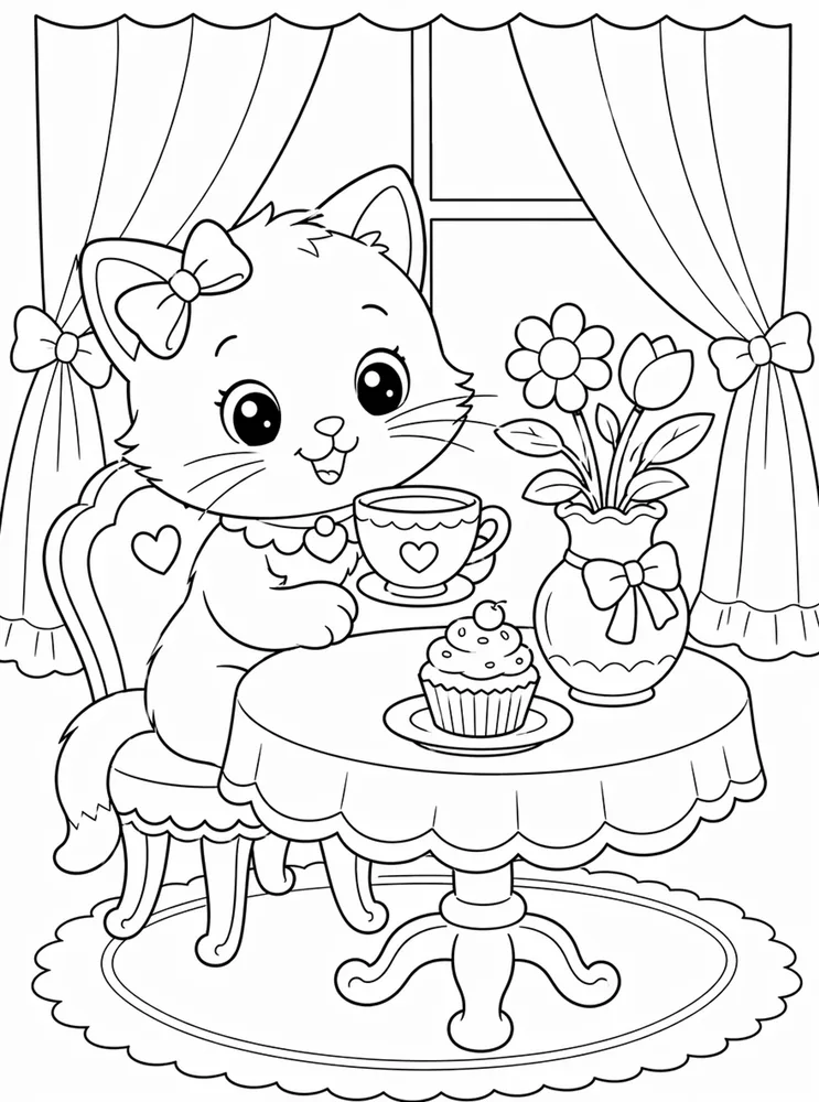 Cute kitten tea party coloring page