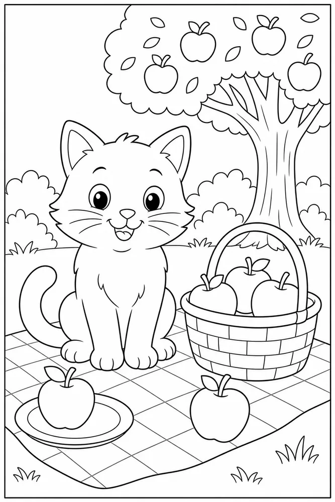 Simple cat picnic with apples coloring page for kids