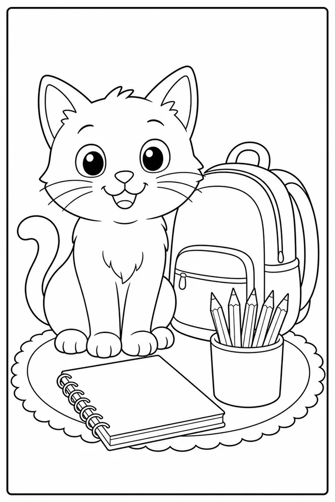 Easy cat beside a school backpack coloring page for kids