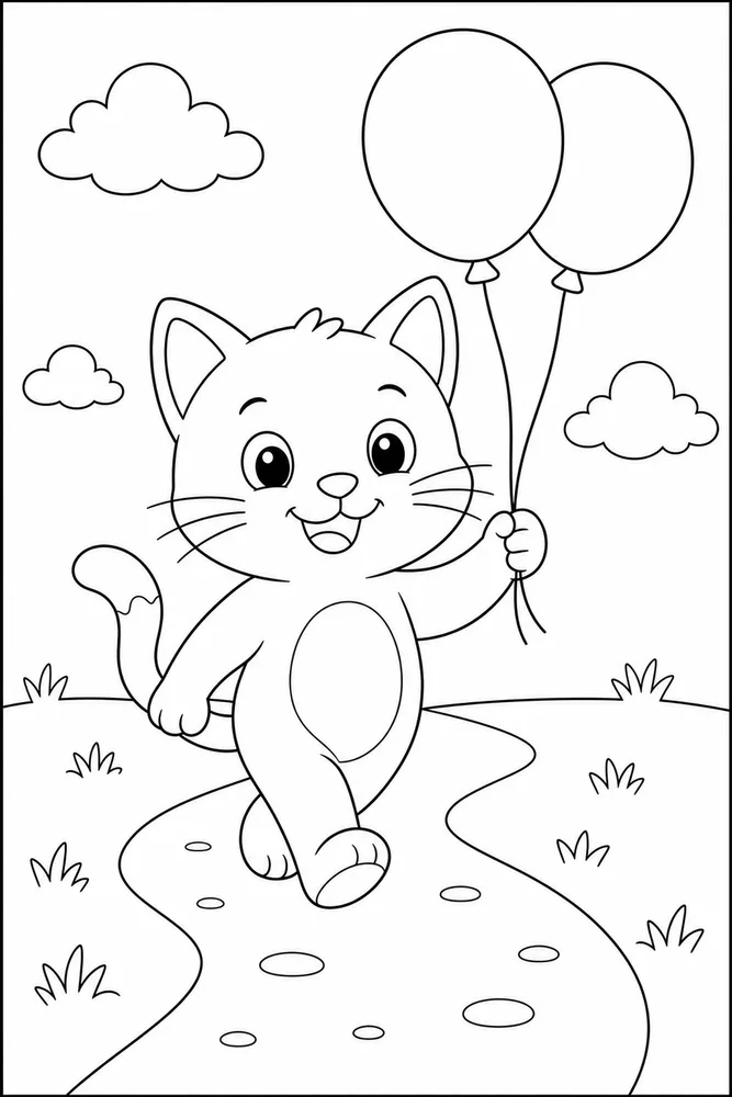 Easy cat walking with two balloons coloring page for kids