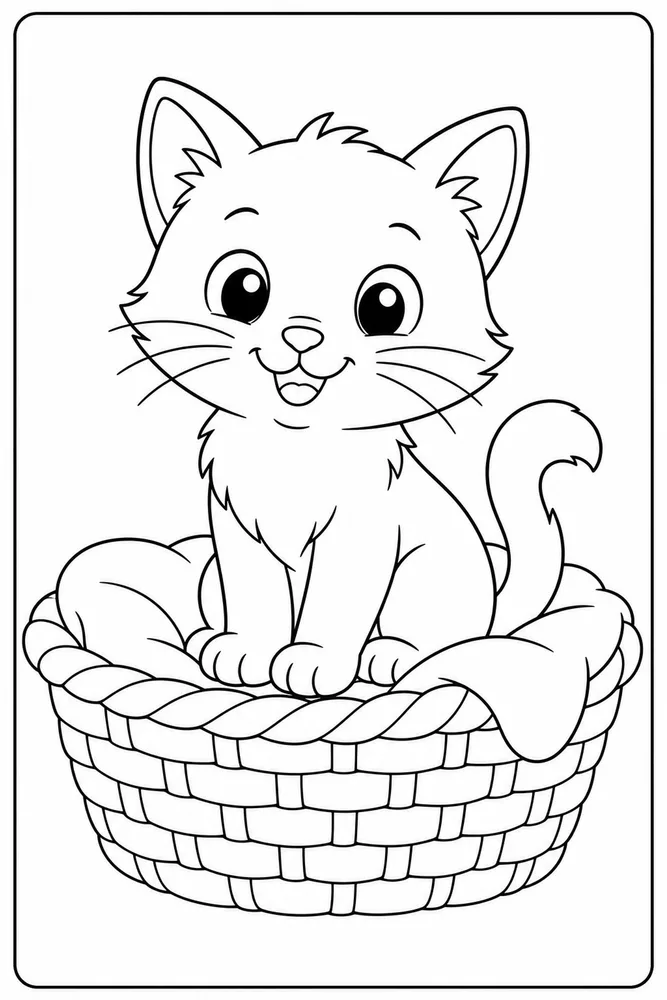 Simple cat sitting in a basket with blanket coloring page for kids