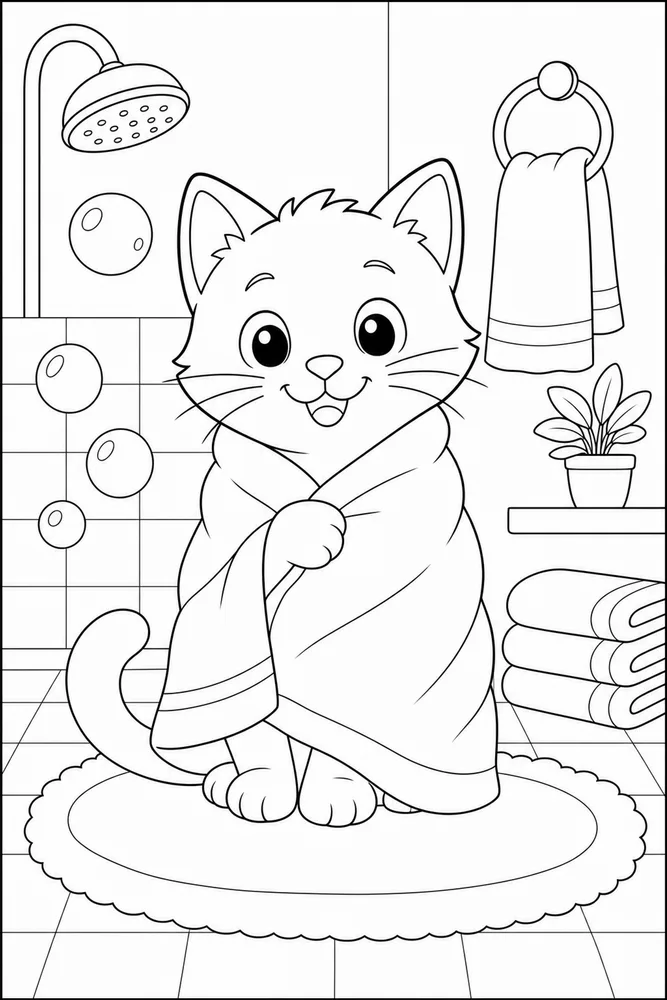Easy cat wrapped in a towel coloring page for kids