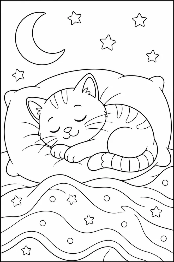 Sleepy cat on a pillow coloring page for kids