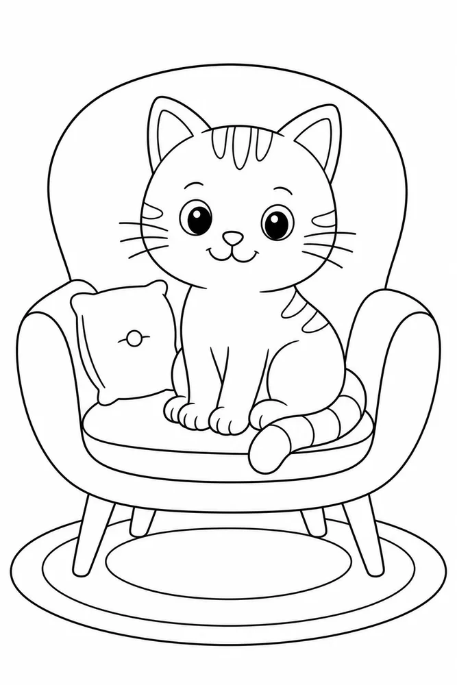 Easy Cat Coloring Pages for Kids preview: Simple cat sitting on a rounded chair coloring page for kids
