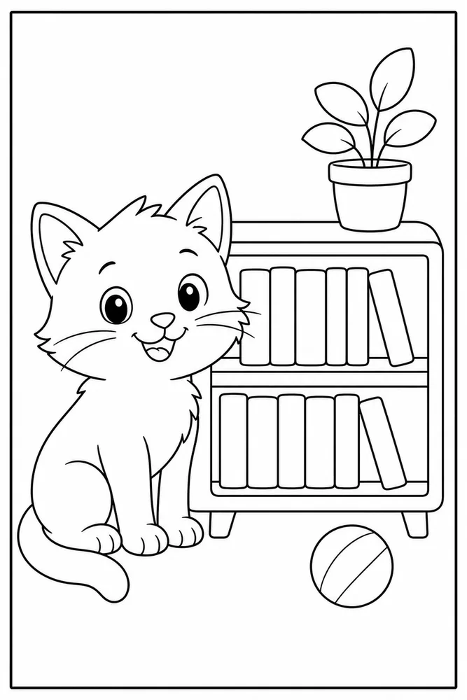 Simple cat beside a low book shelf coloring page for kids