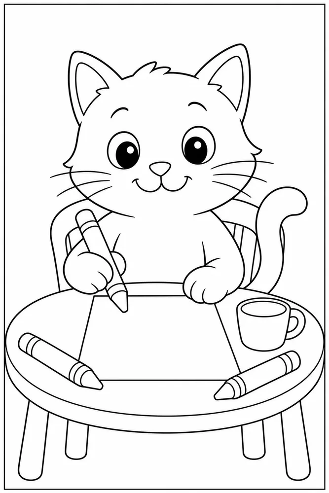 Easy cat drawing with crayons at a table coloring page for kids