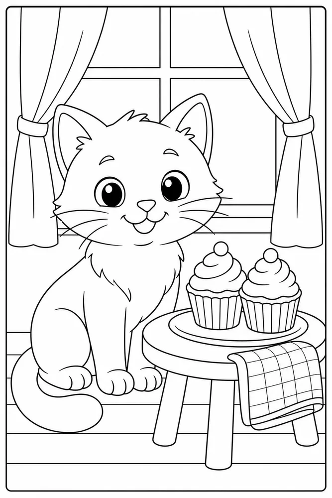 Simple cat beside a cupcake plate coloring page for kids