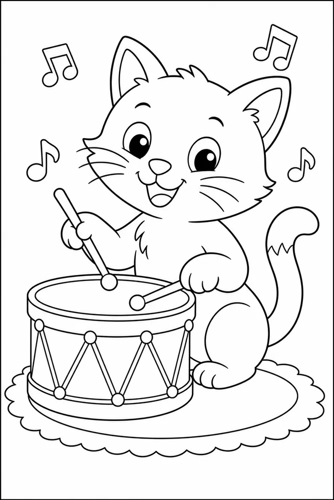 Easy cat beside a toy drum coloring page for kids