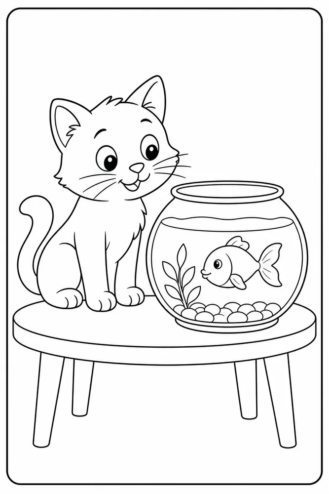 Simple cat looking at a round fishbowl coloring page for kids