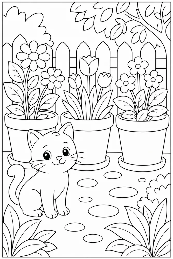 Simple cat beside a row of flower pots coloring page for kids