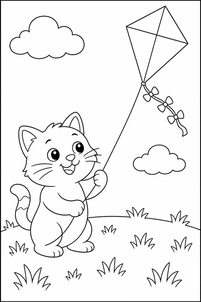 Easy cat flying a kite in a field coloring page for kids