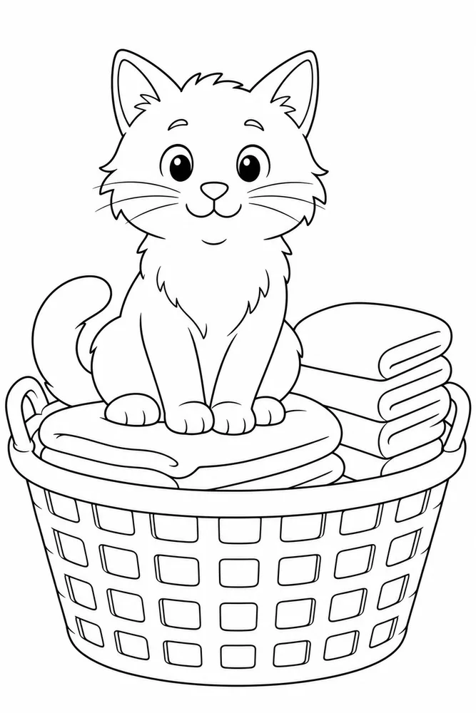 Simple cat in a laundry basket coloring page for kids