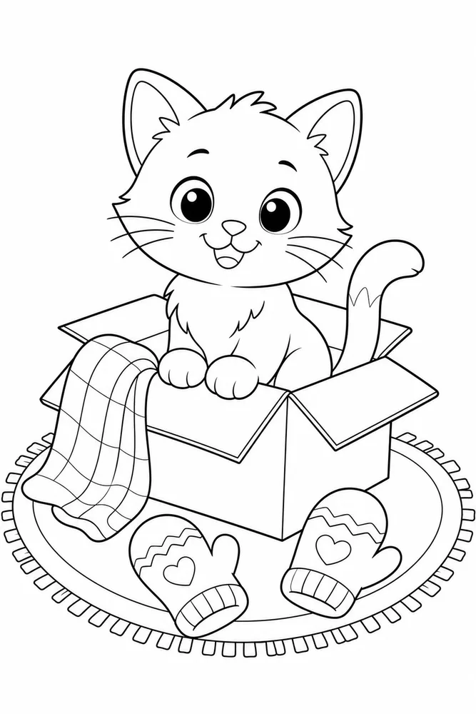 Simple cat in a small box with mittens coloring page for kids
