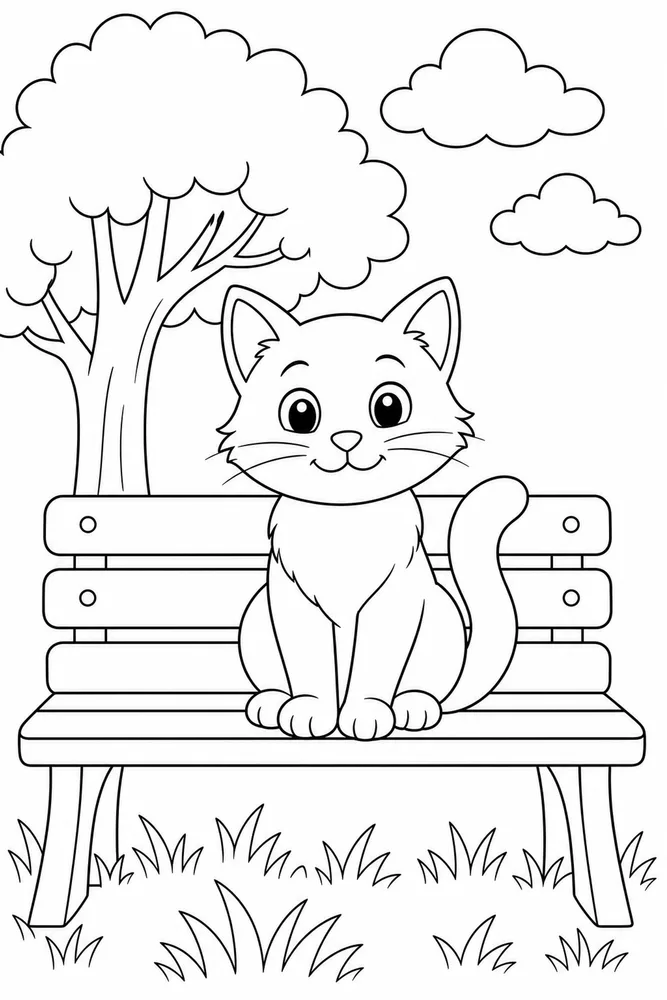 Easy cat sitting on a park bench coloring page for kids