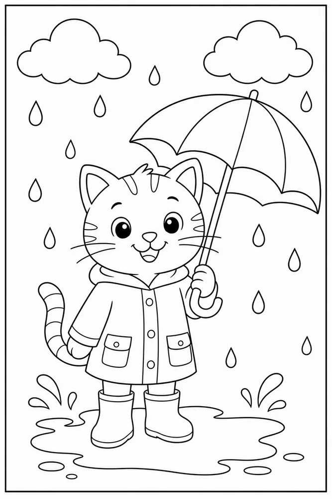 Easy cat in a raincoat beside a puddle coloring page for kids
