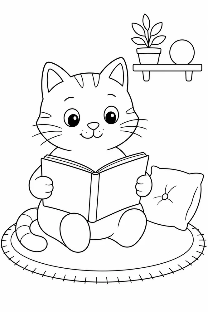 Simple cat reading on a mat coloring page for kids