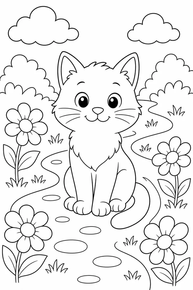 Easy cat on a simple garden path coloring page for kids