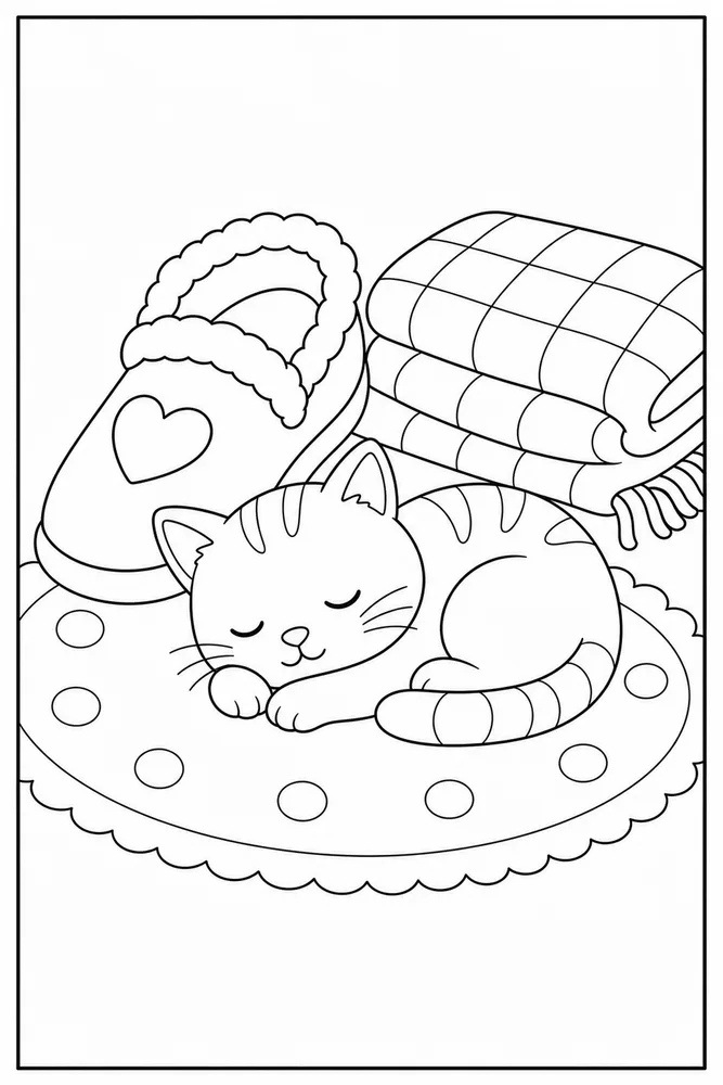 Small cat napping beside a large slipper coloring page for kids