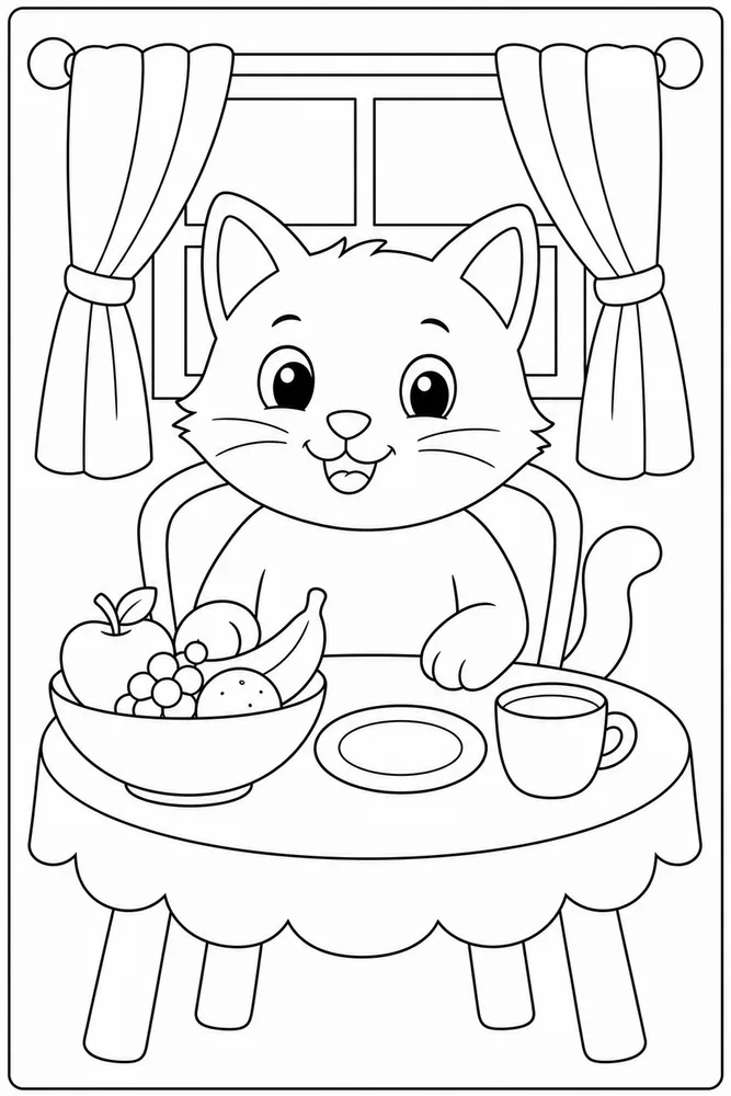 Easy cat at a small snack table coloring page for kids