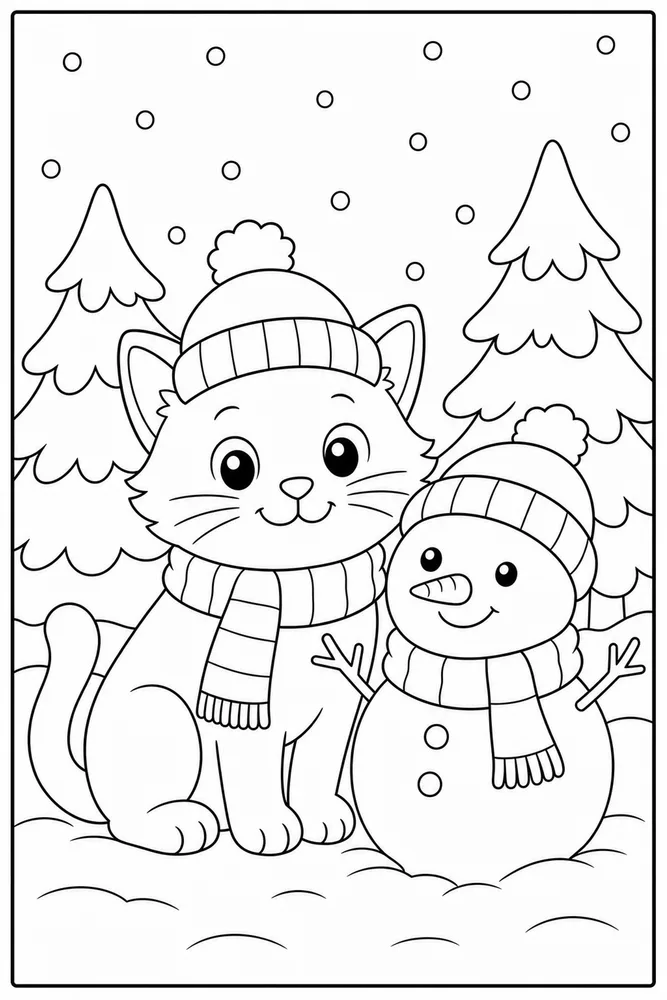 Simple cat wearing a winter hat coloring page for kids